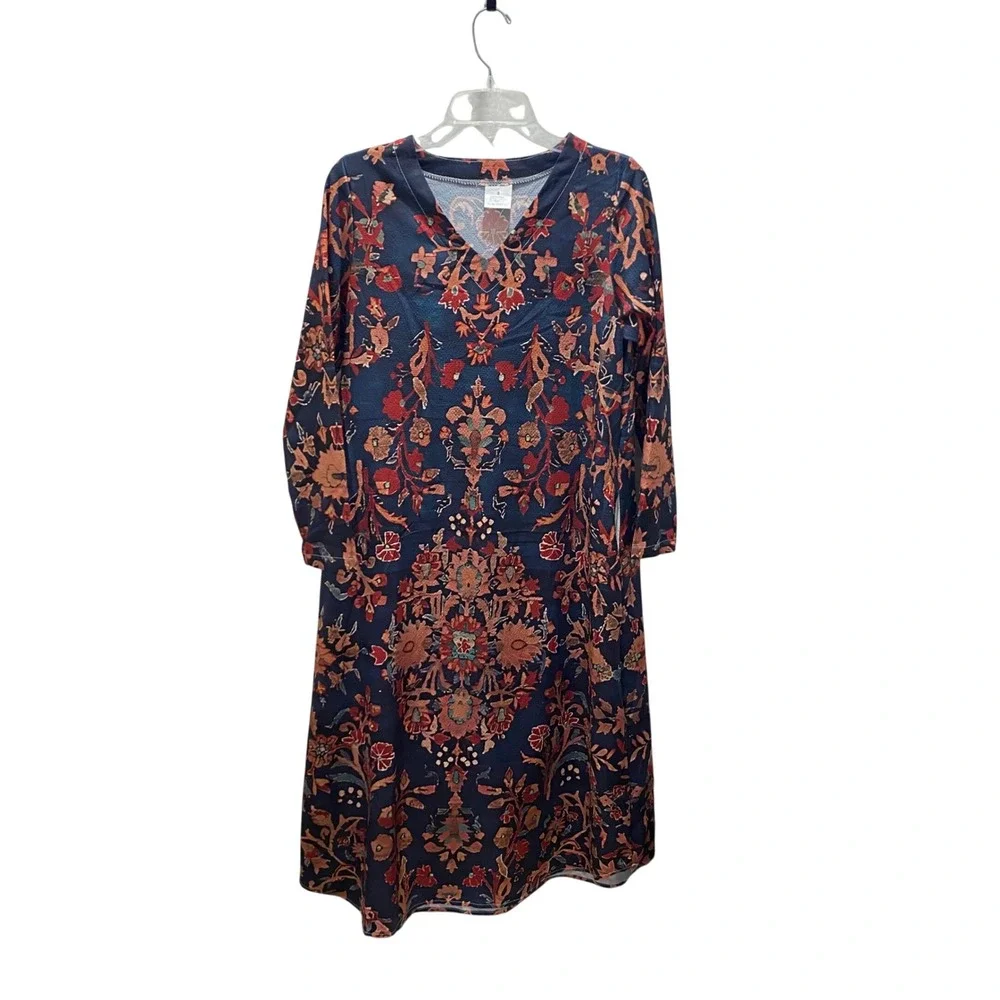 Navy Blue Floral‎ Damask V-Neck Long Sleeve Midi Dress Small Boho Modest